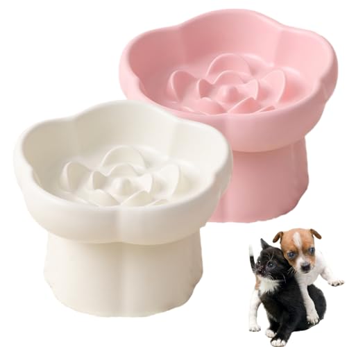 Ceramic Elevated Slow Feeder Cat Bowl,Anti Vomit Design for Whisker Fatigue Relief,Elevated Slow Feeder Bowls for Indoor Cats&Small Breeds,Perfect for Wet Food&Small Dogs (2, White & Pink) - color: White & Pink, 2