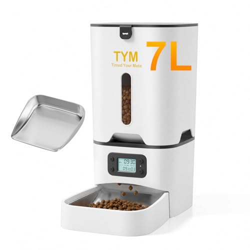 TYM Automatic Cat Feeder, 7L Large Capacity Cat Food Dispenser with Programmable Timer, Portion Control up to 9 Meals/Day, Dual Power Supply, Fresh Food, Easy to Clean for Cats and Small Dogs - color: White-1a
