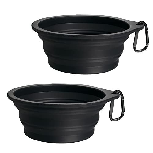 PetBonus 2-Pack Silicone Collapsible Dog Bowls, BPA Free Dishwasher Safe, Portable Foldable Expandable Travel Bowl, Food Water Feeding Cup Dish for Dogs Cats with 2 Carabiners (Black, Black) - color: Black, Black, size: 20 Oz