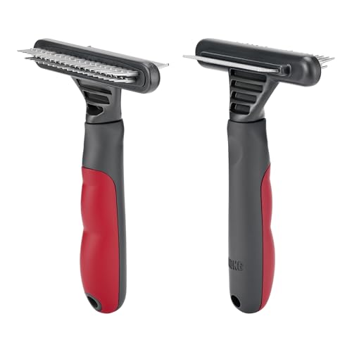 KONG Double-Sided Rake & Deshedding Tool – Detangling & Shedding Control, Rounded Metal Tips, Non-Slip Grip, for Medium to Large Dogs with Medium to Long Coats, Red/Gray - size: Medium Double-Sided Rake