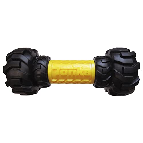 Tonka Axle Tread Dog Toy with Interactive Feeder, Lightweight, Durable and Water Resistant, 7 Inches, for Medium/Large Breeds, Single Unit, Yellow/Black - size: 7 inch Axle Tread