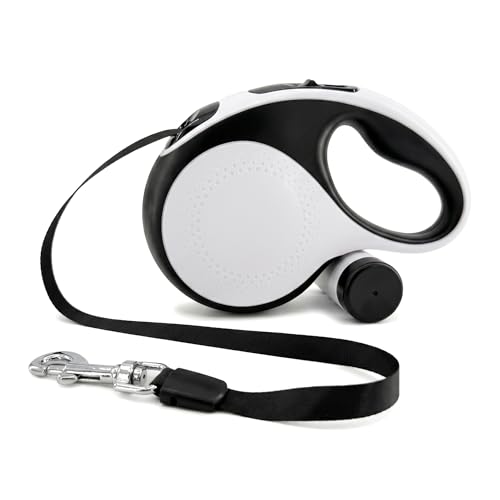 Retractable Dog Leash 16ft for Medium Dogs up to 66lbs — Durable Nylon Tape Leash with 360° Tangle-Free, One-Handed Brake & Lock, with Poop Bag Dispenser, Anti-Slip ABS Handle (White)