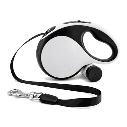 Retractable Dog Leash 16ft for Medium Dogs up to 66lbs — Durable Nylon Tape Leash with 360° Tangle-Free, One-Handed Brake & Lock, with Poop Bag Dispenser, Anti-Slip ABS Handle (White)