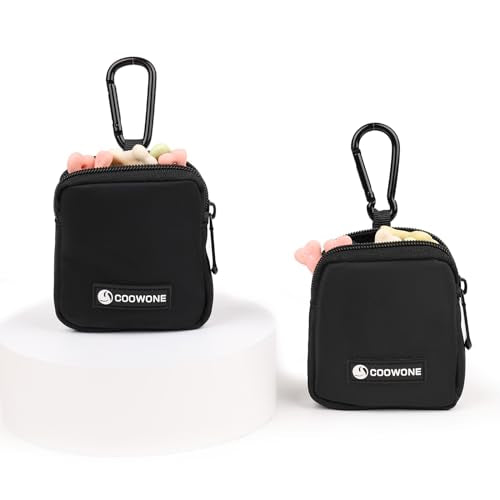 Dog Treat Pouch 2 PCS, Waterproof Small Dog Treat Bag for Leash, Hands Free Dog Walking Bag with Carabiner, Dog Poop Bag Holder for Pet Puppy Travel or Outdoor Use, Zipper Closure to Avoid Spilling - color: Black+Black