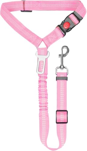 Dog Seat Belt, Adjustable Dog Safety Belt Leash, 2 in 1 Latch Bar Attachment Dog Car Seatbelt with Elastic Nylon Bungee Buffer Reflective Connect to Dog Harness（43in*0.98in） (Pink) - color: Pink
