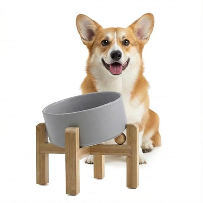 hjn Elevated Ceramic Dog Bowl 15°Slanted Raised Dog Bowl with Bamboo Stand for Small Medium Dogs and Cats, Pet Feeder-3.6-Cup (850ml)-Gray - color: Misty Gray, size: 3.6Cup