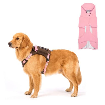 2-in-1 Dog Harness with Built-in Raincoat, Waterproof Packable Dog Rain Jacket, Reflective Adjustable Dog Rain Coat with Leash Portal,Brown Harness/Cherry Blossom Pink Raincoat, Small - color: Brown Harness / Cherry Blossom Pink Raincoat, size: Small