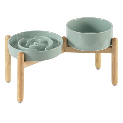 Havniva 8.2” Raised Slow Feeder Dog Bowls Set, 1.6 Cups Ceramic Slow Feeder Dog Bowl and 7.3” Dog Water Bowl with Elevated Wooden Stand Puzzle Dog Food Bowl for Medium Dogs Anti-Gulping & Anti-Choking - color: 2 x Light Green+Stand-A, size: 8.2inch
