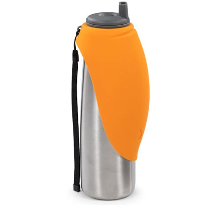 Messy Mutts Double Wall Vacuum Insulated Stainless Steel Travel Water Bottle with Silicone Flip Up Bowl | Pet Travel Necessity | Camping, Hiking, Walking Accessory | 20 oz / 600mL | Orange