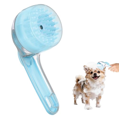 Pet Bath Brush, Dog Shampoo Brush New 2 in 1 Grooming Massage Scrubber Bubble Maker with Ring Built-in Shampoo Dispenser(Coarse,Blue), for Long Short Hair Cats Shower - color: Blue