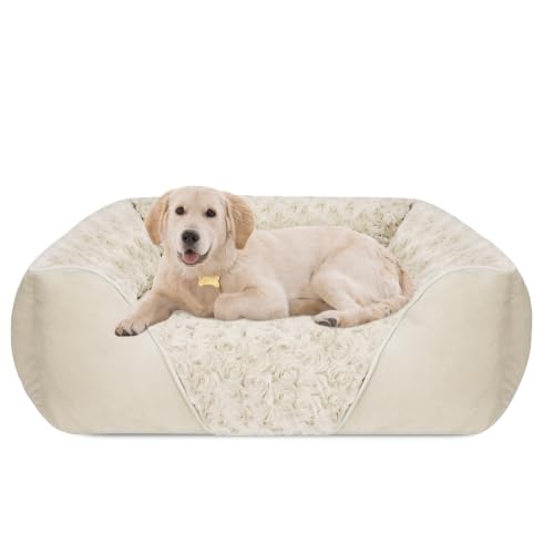 INVENHO Large Dog Bed Rectangle Washable Orthopedic Soft Calming Sleeping Durable Pet Cuddler with Anti-Slip Bottom - color: Cream, size: L(30"x 24"x 9")