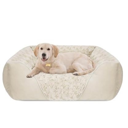 INVENHO Large Dog Bed Rectangle Washable Orthopedic Soft Calming Sleeping Durable Pet Cuddler with Anti-Slip Bottom - color: Cream, size: L(30"x 24"x 9")