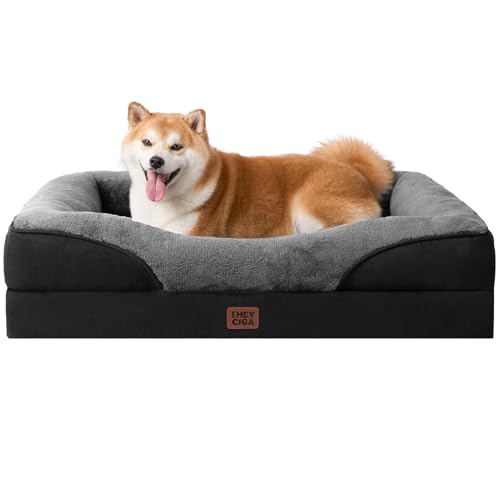 EHEYCIGA Orthopedic Dog Bed for Large Sized Dog, 36x27 Inch Large Memory Foam Dog Couch Bed with Sides, Waterproof Liner & Washable Removable Cover, Bolster Pet Sofa, Grey/Black - color: Grey/Black, size: 36x27x7
