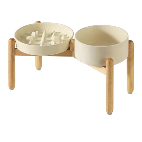 Havniva 8.2” Raised Slow Feeder Dog Bowls Set, 1.6 Cups Ceramic Slow Feeder Dog Bowl and 7.3” Dog Water Bowl with Elevated Wooden Stand Puzzle Dog Food Bowl for Medium Dogs Anti-Gulping & Anti-Choking - color: 2 x Light Yellow+Stand-C, size: 8.2inch