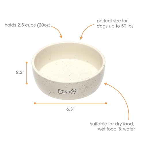Pearhead Ceramic Dog Bowl – “Woof” Speckled Pet Food & Water Dish, Durable Stoneware, Non-Slip Heavy Base, 20 oz, Medium - color: White "Woof" Bowl, size: Medium