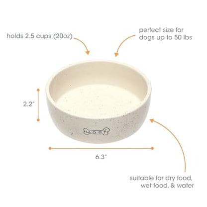 Pearhead Ceramic Dog Bowl – “Woof” Speckled Pet Food & Water Dish, Durable Stoneware, Non-Slip Heavy Base, 20 oz, Medium - color: White "Woof" Bowl, size: Medium