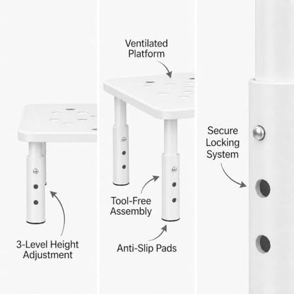 Raised Automatic Cat Feeder Stand for Double Bowl Feeders, Carbon Steel 14.57 x 9.25 in, 3 Adjustable Heights 4.13-5.71 in, Non-Slip, Fits Feeders & Water Dispensers, No-Drill (White) - color: White