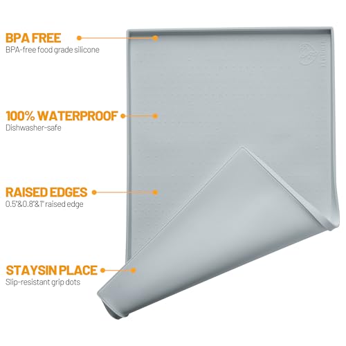Hubulk Dog Feeding Mat,100% Waterproof Food Grade Silicone Pet Food and Water Bowl Placemat,Dishwasher, High Raised Edge to Prevent Spills,Nonslip Tray to Stop Messes on Floor（28"x18"x0.8", Mist） - color: Mist, size: 28"l X 18"w
