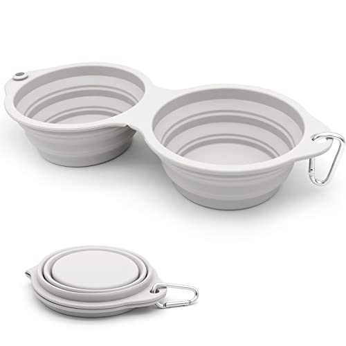 SLSON Collapsible Dog Bowls,Integrated Molding Dog Double Bowl No Plastic Rim 2 in 1 Foldable Pet Food & Water Bowl Cat Feeder Dish for Walking,Hiking,Camping (Cold Grey) - color: Cold Grey
