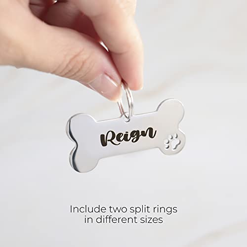 Custom Pet ID Tag, Personalized Cute Silver & Gold Bone & Hollowed Paw Shaped Collar Pendant Engraved Dog Name, Label, Address & Phone, Stainless Steel Shiny Puppies Tags Customizable on Both Sides