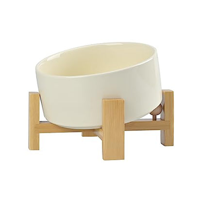 SPUNKYJUNKY 15° Slanted Ceramic Dog and Cat Bowl with Wooden Stand, Tilted Bulldog Food and Water Bowl No Slip Non-Spill for Cats Medium Dogs Big Face Pets 28.7 OZ (3.6 Cups, Beige) - color: Beige, size: 3.6 CUPS × 1