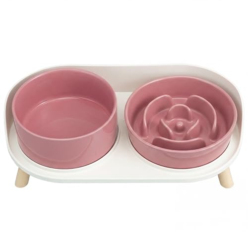 Elevated Slow Feeder Dog Bowls - Ceramic Food and Water Bowl Set with Stand - Raised Pet Dishes for Small and Medium Sized Dogs - color: Pink