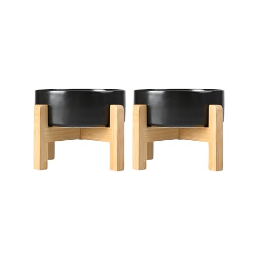 SPUNKYJUNKY Ceramic Elevated Dog Bowls 2 Pack - 5.1inch Raised Dog Bowls with Non-Slip Wooden Stand for Small Dogs Dishwasher Safe(Black,13.5OZ*2) - color: Black, size: Small - 1.7 CUPS*2
