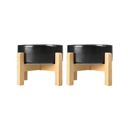 SPUNKYJUNKY Ceramic Elevated Dog Bowls 2 Pack - 5.1inch Raised Dog Bowls with Non-Slip Wooden Stand for Small Dogs Dishwasher Safe(Black,13.5OZ*2) - color: Black, size: Small - 1.7 CUPS*2