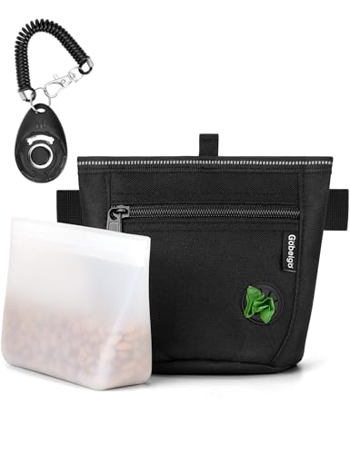 Gobeigo【Silicone Insert Bag Version】Dog Treat Pouch and Training Clicker, 2 Pair Magnetic Closure, 2 Cup Walking Fanny Pack with Poop Bag Dispenser, Metal Belt Clip &Waist Strap - color: B-Raven