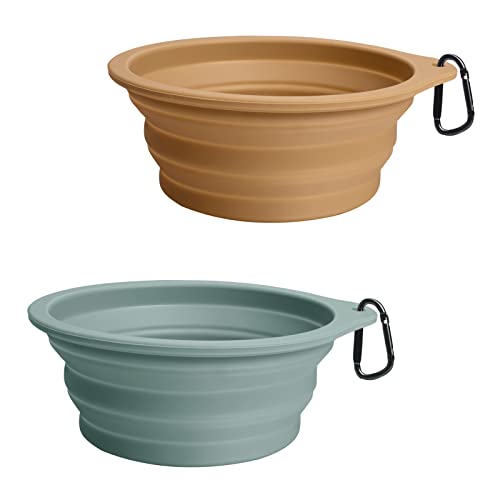 PetBonus 2-Pack Silicone Collapsible Dog Bowls, BPA Free Dishwasher Safe, Portable Foldable Expandable Travel Bowl, Food Water Feeding Cup Dish for Dogs Cats with 2 Carabiners (Turquoise, Tan) - color: Turquoise, Tan, size: 20 Oz
