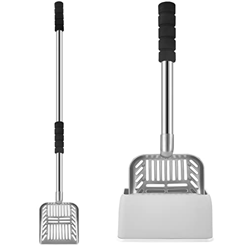 Hortsun 32 Inch Cat Litter Scooper Metal Long Handle with Cat Litter Scoop Holder Deep Kitty Sifter Shovel Detachable Stainless Steel Poop Sifter Scooper Caddy Kitty with Box(Gray) - color: Gray