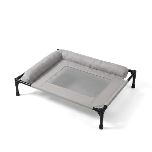 ALPHA TEC Elevated Dog Cot Bed with Plush Padded Bolster, High-Ventilation Mesh, Steel Frame, Non-Slip Feet, Gray (Large)
