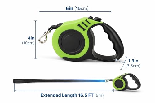 Retractable Dog Leash 16.5 ft Heavy Duty with One-Button Brake & Lock, Tangle-Free Swivel Hook, Comfortable Anti-Slip Handle for Small & Medium Dogs (Green and Black) - color: Green and Black