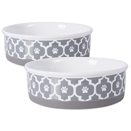 Bone Dry Paw Print Ceramic Pet Bowl, Lattice Collection, Large Set, 7.5x2.4", Gray, 2 Count - color: Gray, size: Large Set, 7.5x2.4"