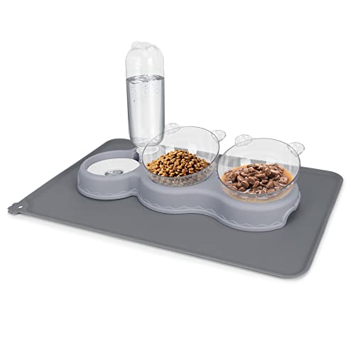 Triple Cat Bowls for Food and Water, YECERCAN Plastic Raised Cat Bowls with Automatic Water Bottle & Waterproof Mat for Cats/Small Dogs, 3 in 1 Pet Feeder for Wet/Dry Food