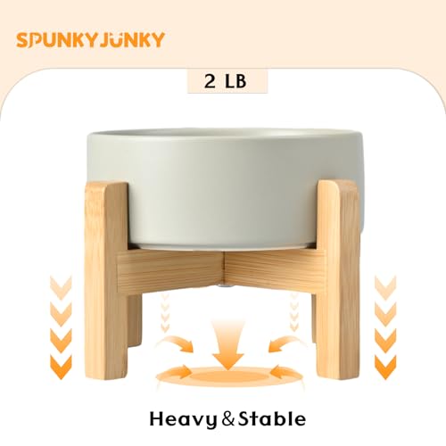 SPUNKYJUNKY Ceramic Elevated Dog Bowls 2 Pack - 6.1inch Raised Dog Bowls with Non-Slip Wooden Stand for Medium Dogs Dishwasher Safe(Grey,28.7OZ*2) - color: Grey, size: Medium - 3.6 CUPS*2