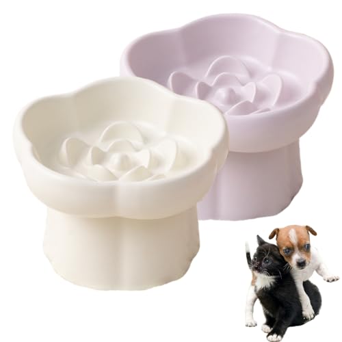 Ceramic Elevated Slow Feeder Cat Bowl,Anti Vomit Design for Whisker Fatigue Relief,Elevated Slow Feeder Bowls for Indoor Cats&Small Breeds,Perfect for Wet Food&Small Dogs (2, White & Purple) - color: White & Purple, 2