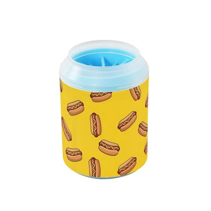 Hot Dog Yellow Pattern Dog Paw Cleaner Cup with Soft Silicone Brush, Lightweight Small Portable Muddy Paw Washer for Dogs, Easy to Use Pet Foot Cleaner