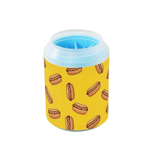 Hot Dog Yellow Pattern Dog Paw Cleaner Cup with Soft Silicone Brush, Lightweight Small Portable Muddy Paw Washer for Dogs, Easy to Use Pet Foot Cleaner