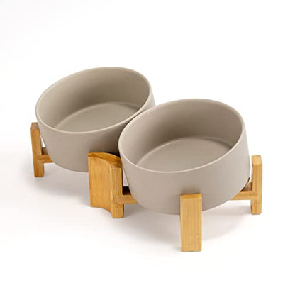SPUNKYJUNKY 15° Slanted Ceramic Dog and Cat Bowl with Wooden Stand, Tilted Bulldog Food and Water Bowl No Slip Non-Spill for Cats Medium Dogs Big Face Pets 28.7 OZ (3.6 Cups, Grey × 2) - color: Grey, size: 3.6 CUPS × 2