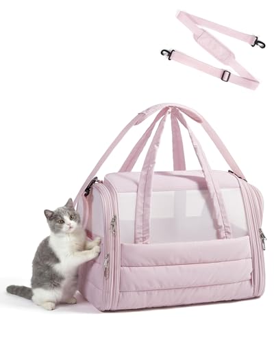 BAGSMART Cat Carrier: Soft-Sided Pet Carrier for Small Medium Cats Dogs Puppy Quilted Collapsible Puffy Travel Bag Up to 25 Lbs Pink - color: Baby Pink, size: 19.3"L x 13.0"W x 13.0"H