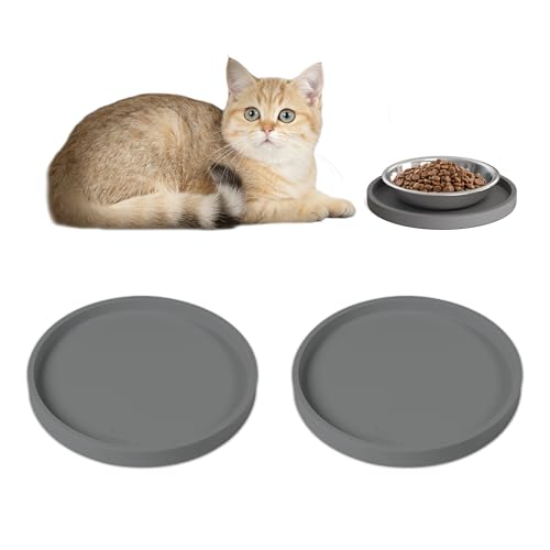 Arespark Pet Silicone Food Mat, Set of 2 Nonslip Waterproof Feeding Bowl Mat with Raised Edges for Food and Water Prevent Spills, Round Eating Tray for Dog Cat Puppy Kitten, 6'' x 6'' - color: Grey, size: 2 PACK