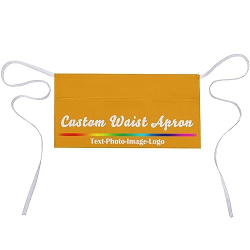 sophiehome Custom Waist Apron with Pockets Add Photo Logo Name Personalized Waiter Server Short Aprons for Kitchen - color: Gold