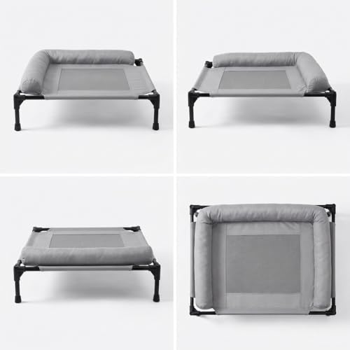 ALPHA TEC Elevated Dog Cot Bed with Plush Padded Bolster, High-Ventilation Mesh, Steel Frame, Non-Slip Feet, Gray (Large)