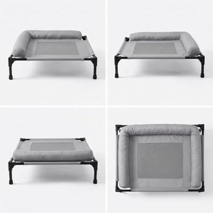 ALPHA TEC Elevated Dog Cot Bed with Plush Padded Bolster, High-Ventilation Mesh, Steel Frame, Non-Slip Feet, Gray (Large)