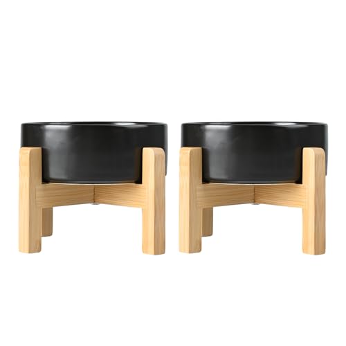 SPUNKYJUNKY Ceramic Elevated Dog Bowls 2 Pack - 8.3inch Raised Dog Bowls with Non-Slip Wooden Stand for Large Dogs Dishwasher Safe(Black,60OZ*2) - color: Black, size: Large - 7.6 CUPS*2