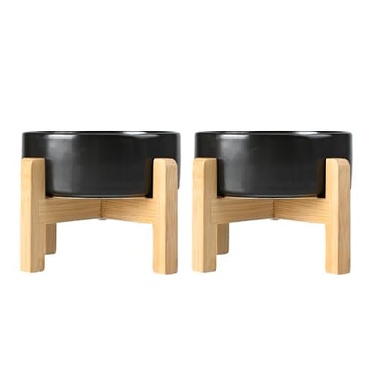 SPUNKYJUNKY Ceramic Elevated Dog Bowls 2 Pack - 8.3inch Raised Dog Bowls with Non-Slip Wooden Stand for Large Dogs Dishwasher Safe(Black,60OZ*2) - color: Black, size: Large - 7.6 CUPS*2