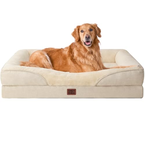 EHEYCIGA Orthopedic XL Dog Bed for Large Sized Dog, 42x30 Inch Extra Large Memory Foam Dog Couch Bed with Sides, Waterproof Liner & Washable Removable Cover, Bolster Pet Sofa, Beige - color: Beige, size: 42x30x7.5
