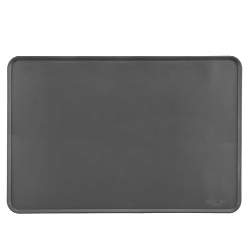 Amazon Basics Waterproof Non-Slip Silicone Pet Food and Water Bowl Mat with Raised Edge, Feeding Placemat to Protect Floors, 24" x 16", Grey - color: Grey, style: 24" x 16"
