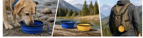 Collapsible Dog Bowl 2-Pack (Blue & Yellow) – Portable Travel Pet Bowl, Foldable Silicone Food & Water Dish with Carabiner Clip for Dogs & Cats, Lightweight & Waterproof